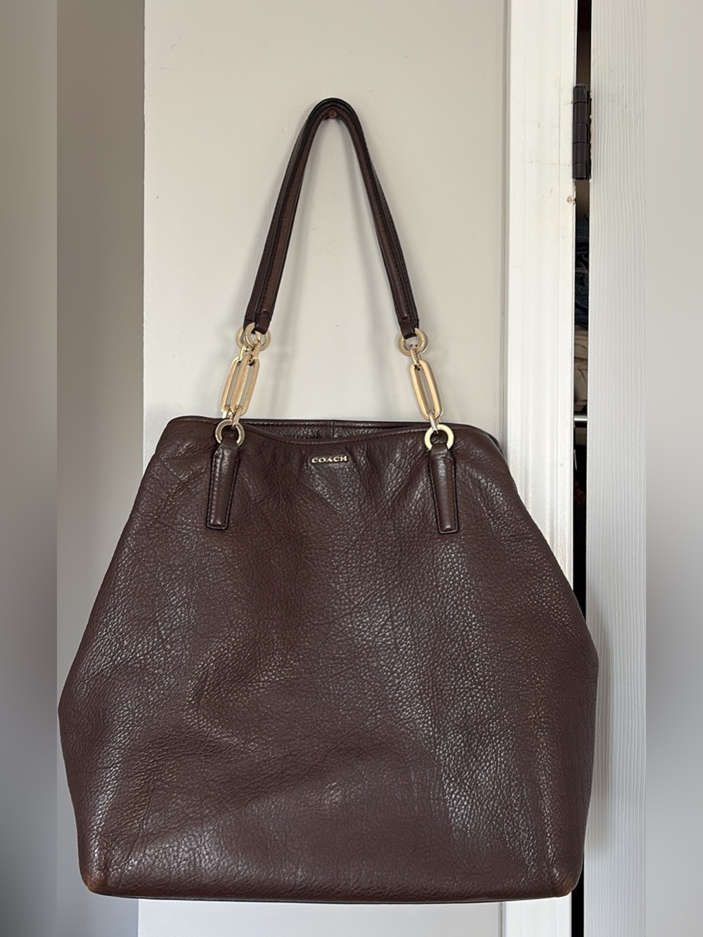 Coach Dark Brown Pebbled Leather Shoulder Tote with Gold Hardware